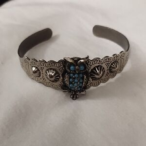 Silver Owl Cuff Bracelet with Blue Accents